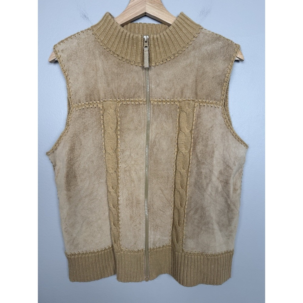 Vintage Suede Ribbed Knit Zip Up Vest Boho Western Earth Tone Lagenlook‎ 90s M